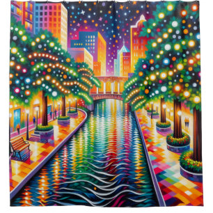 "Starry Night Riverwalk Celebration: San Antonio" Shower Curtain