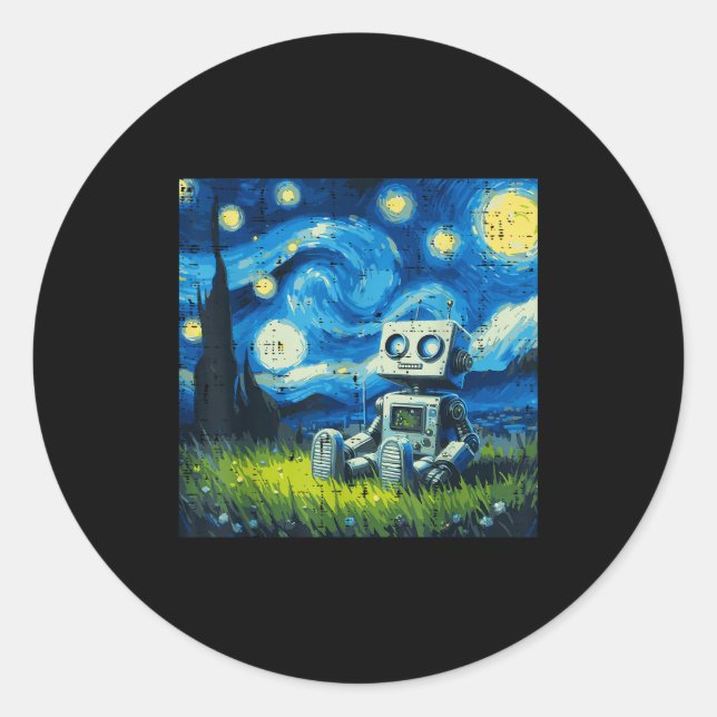 Starry Night Robot Funny Painting Art Meme Kids Me Classic Round Sticker (Front)
