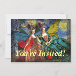 Starry Night Rococo Maidens Butterfly Wings Art Invitation