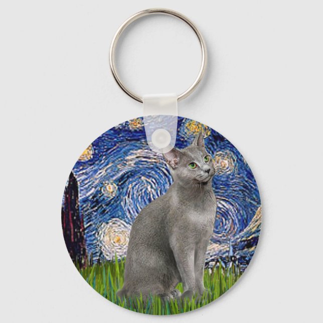 Starry Night - Russian Blue cat Key Ring (Front)