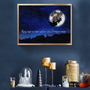 Starry Night Santa Claus Flying With Reindeer Poster