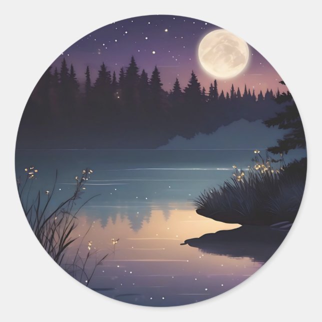 Starry Night Serenity Lakeside Glow Classic Round Sticker (Front)