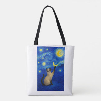 Starry Night Siamese Cat Moon Tote Bag