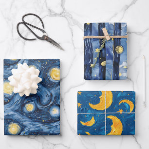 Starry Night Skies Moons Stripes Wrapping Paper Sheet