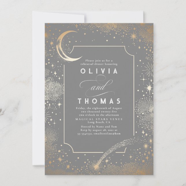 Starry Night Sky Crescent Moon Rehearsal Dinner Invitation (Front)