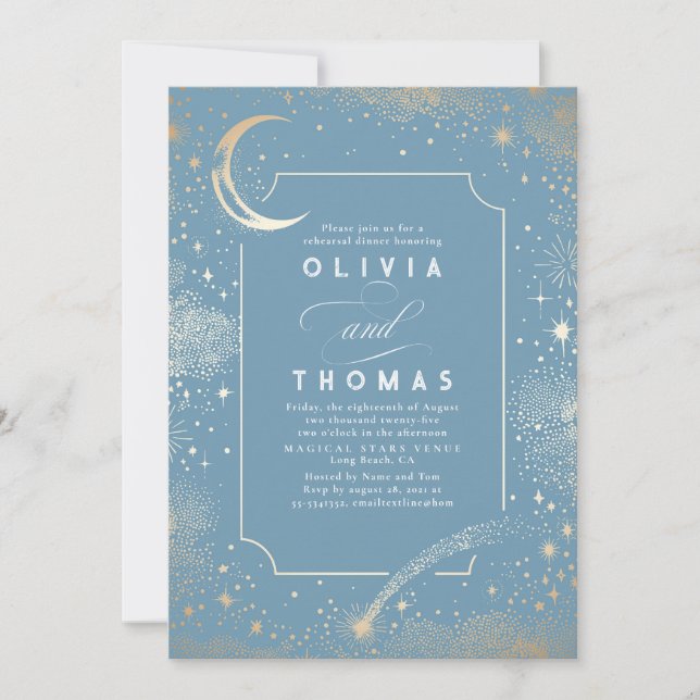Starry Night Sky Crescent Moon Rehearsal Dinner Invitation (Front)