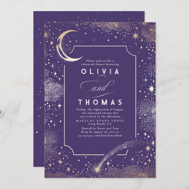 Starry Night Sky Crescent Moon Rehearsal Dinner Invitation (Front/Back)