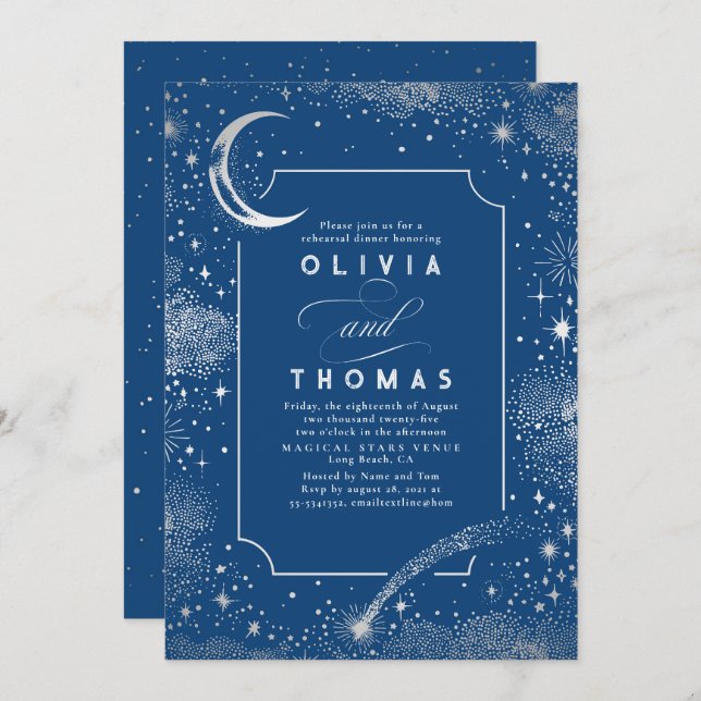 Starry Night Sky Crescent Moon Rehearsal Dinner Invitation (Front/Back)