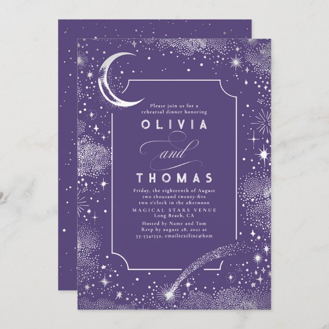 Starry Night Sky Crescent Moon Rehearsal Dinner Invitation (Front/Back)