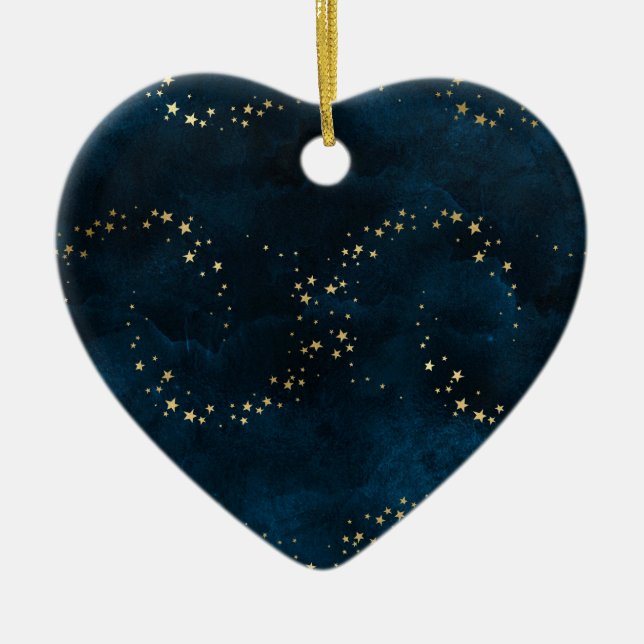 Starry Night Sky Dark Blue Golden Stars Spiral Ceramic Ornament (Front)