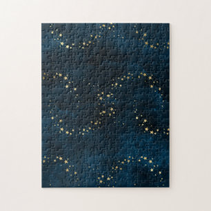 Starry Night Sky Dark Blue Golden Stars Spiral Jigsaw Puzzle