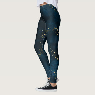 Starry Night Sky Dark Blue Golden Stars Spiral Leggings