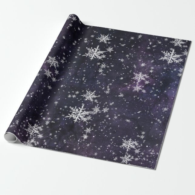 Starry Night Sky Fresh Fallen Snowflakes Wrapping Paper (Unrolled)