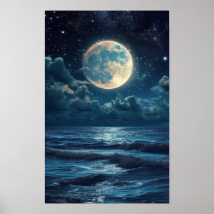 Starry Night Sky Full Moon Sea Realistic Art Poste Poster
