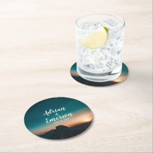 Starry Night Sky Mountain & Sunset Wedding Modern Round Paper Coaster
