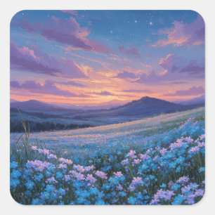 Starry Night Sky Over Blue Wildflower Meadow Square Sticker