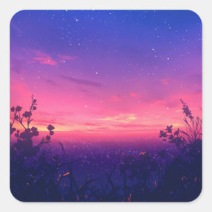 Starry Night Sky Over Pink Sunset Wildflower Square Sticker