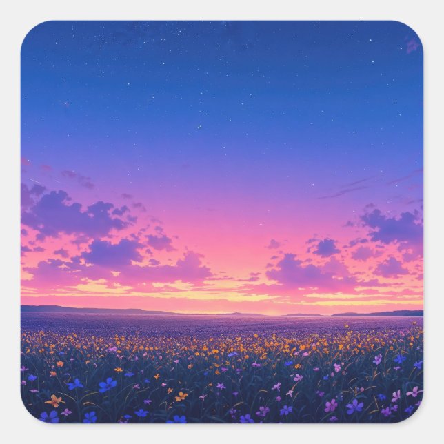 Starry Night Sky Over Purple and Yellow Wildflower Square Sticker (Front)