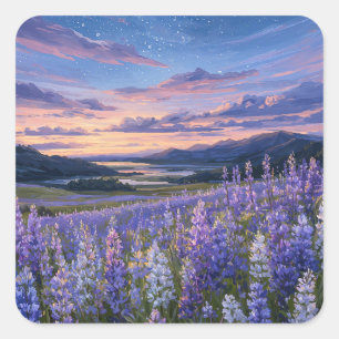 Starry Night Sky Over Purple Lupine Meadow Square Sticker