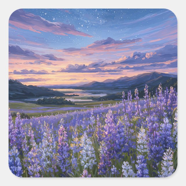 Starry Night Sky Over Purple Lupine Meadow Square Sticker (Front)