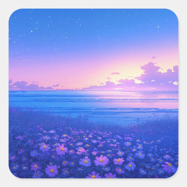 Starry Night Sky over Purple Wildflower Meadow Square Sticker (Front)