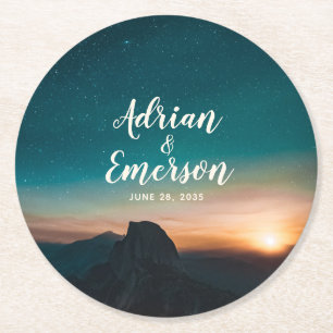 Starry Night Sky Sunset Mountain Wedding Modern Round Paper Coaster