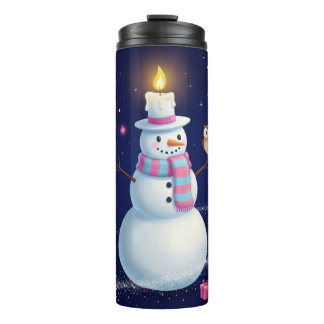 Starry Night Snowman with Candle Hat and Owl Thermal Tumbler