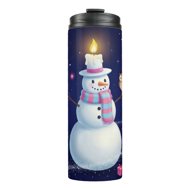 Starry Night Snowman with Candle Hat and Owl Thermal Tumbler (Front)