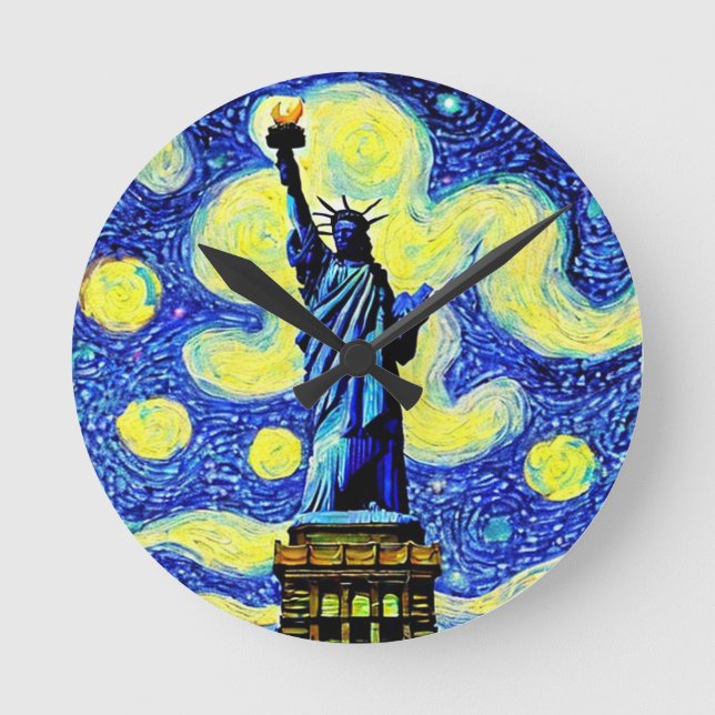 Starry Night Statue Of Liberty New York Round Clock (Front)