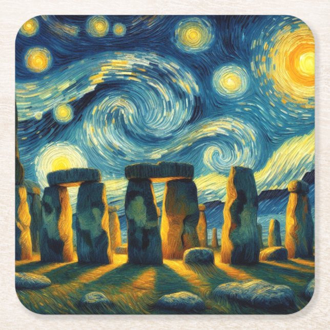 Starry Night Stonehenge Square Paper Coaster (Front)