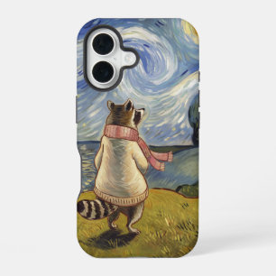 Starry Night Stroll  – Cozy Raccoon Art iPhone 16 Case