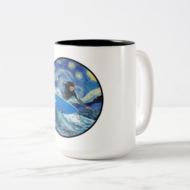 Starry Night Surfer  Two-Tone Coffee Mug (Front Right)