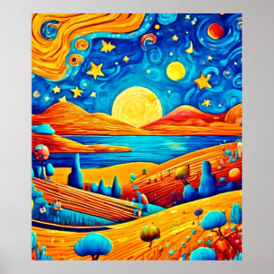 Starry Night Surrealism Cartoon Art Poster