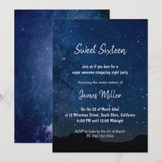 Starry Night Sweet Sixteen Boys night invitation (Front/Back)