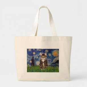 Starry Night - Tabby Tiger cat 30 Large Tote Bag