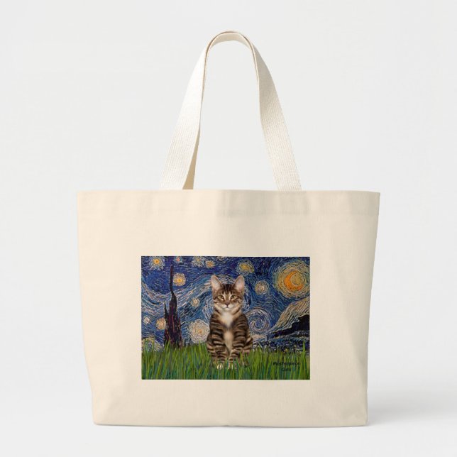 Starry Night - Tabby Tiger cat 30 Large Tote Bag (Front)