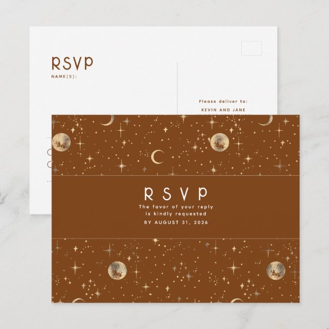 Starry Night Terracotta and Gold Wedding RSVP Postcard (Front/Back)