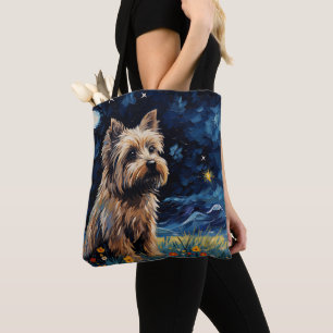 STARRY NIGHT THEMED CAIRN TERRIER DOG TOTE BAG