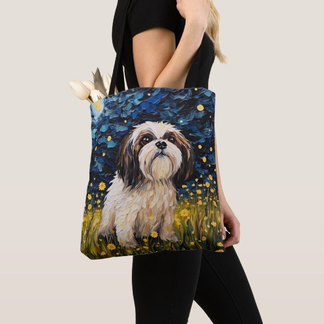STARRY NIGHT THEMED LHASA APSO DOG TOTE BAG (Close Up)
