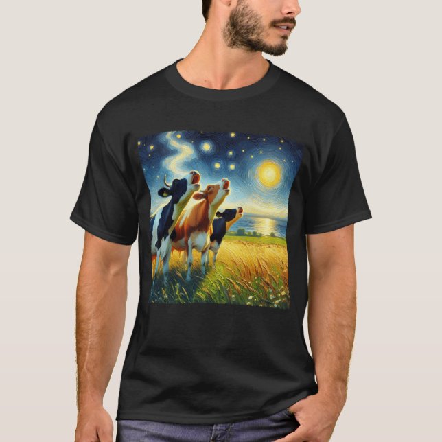 Starry Night Three Cows Howling at Moon Van Gogh T-Shirt (Front)