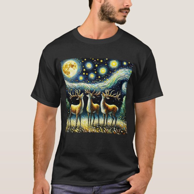 Starry Night Three Deers Howling at Moon Van Gogh T-Shirt (Front)