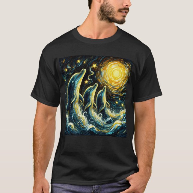 Starry Night Three Dolphins Howling at Moon T-Shirt (Front)