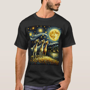 Starry Night Three Goat Howling at Moon Farm T-Shirt