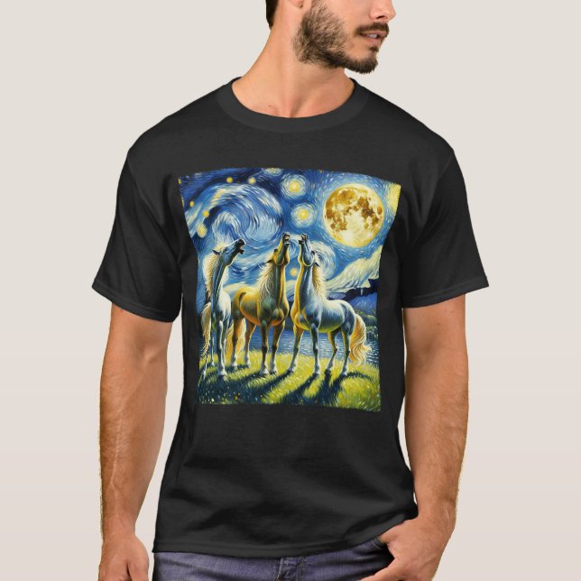 Starry Night Three Horses Howling at Moon Van T-Shirt (Front)