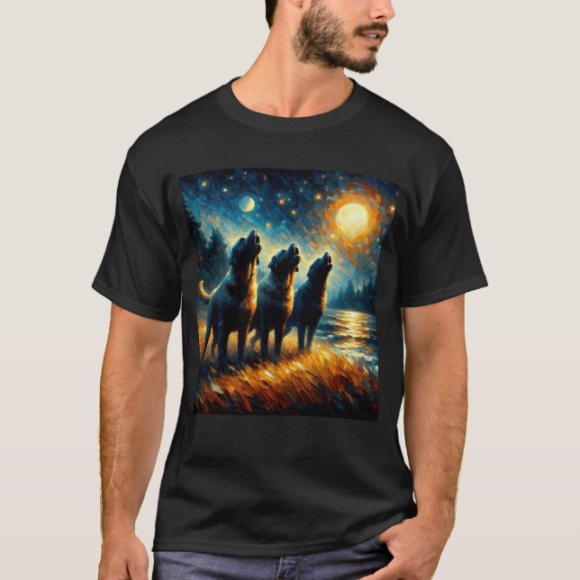 Starry Night Three Mastiff Howling at Moon Dog T-Shirt (Front)