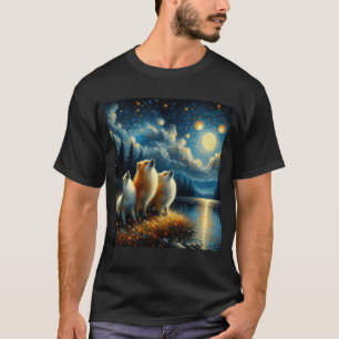 Starry Night Three Pomeranians Howling at Moon T-Shirt