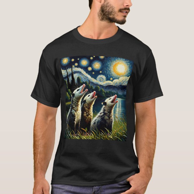Starry Night Three Possums Howling at Moon T-Shirt (Front)