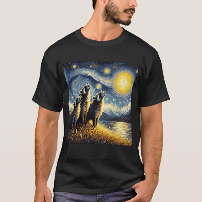Starry Night Three Racoon Howling at Moon Van T-Shirt (Front)