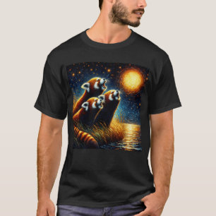 Starry Night Three Red Pandas Howling at Moon Red T-Shirt
