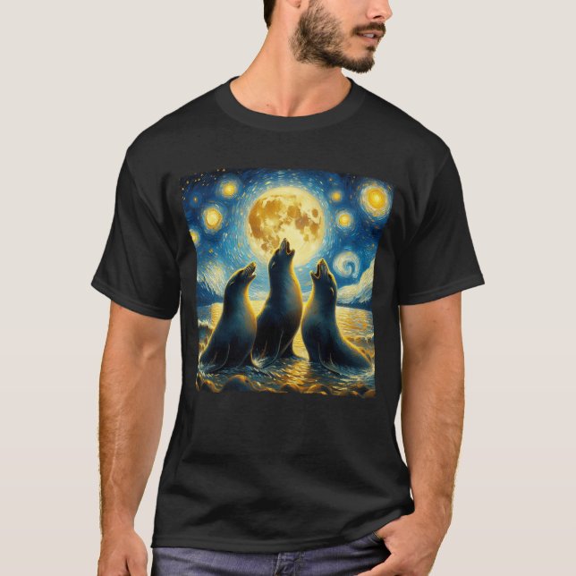 Starry Night Three Seals Howling at Moon Van Gogh T-Shirt (Front)